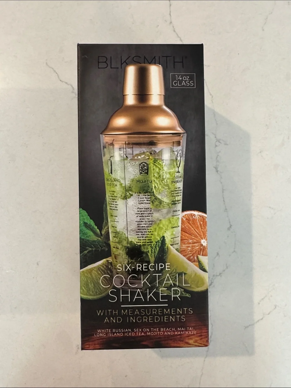 BLKSMITH Six-Recipe Cocktail Shaker - Copper Top, Glass